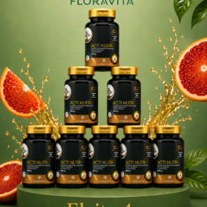Potes Floravita Acti Nutri em destaque, com frutas cítricas e folhas, fundo verde e selo
