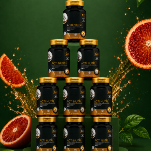 Potes Floravita Acti Nutri em destaque, com frutas cítricas e folhas, fundo verde e selo