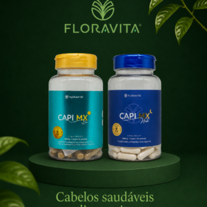 Dois potes de suplemento FloraVita Capi MX dia para cabelos saudáveis, dia e noite, com folhas verdes ao fundo.