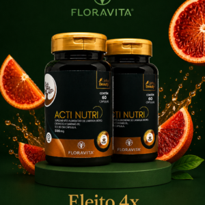 Potes Floravita Acti Nutri em destaque, com frutas cítricas e folhas, fundo verde e selo