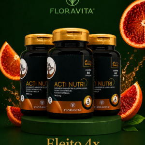 Potes Floravita Acti Nutri em destaque, com frutas cítricas e folhas, fundo verde e selo