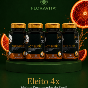 Potes Floravita Acti Nutri em destaque, com frutas cítricas e folhas, fundo verde e selo