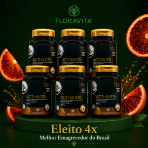 Potes Floravita Acti Nutri em destaque, com frutas cítricas e folhas, fundo verde e selo